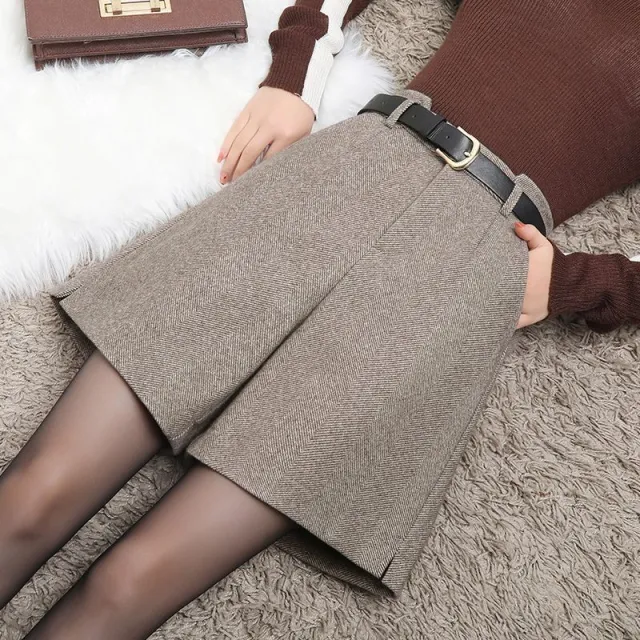A line High waisted Wide leg Padded Outerwear Bottoming Capri Pants Woolen Shorts Coffee - Shop at LoveMi
