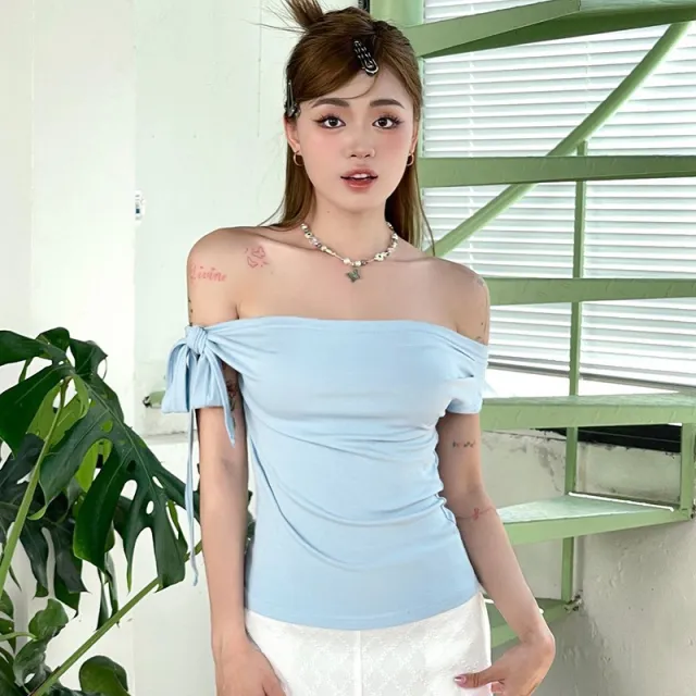 Pleated One shoulder Backless Twisted Lace up Asymmetric T shirt Top Blue - Shop at LoveMi