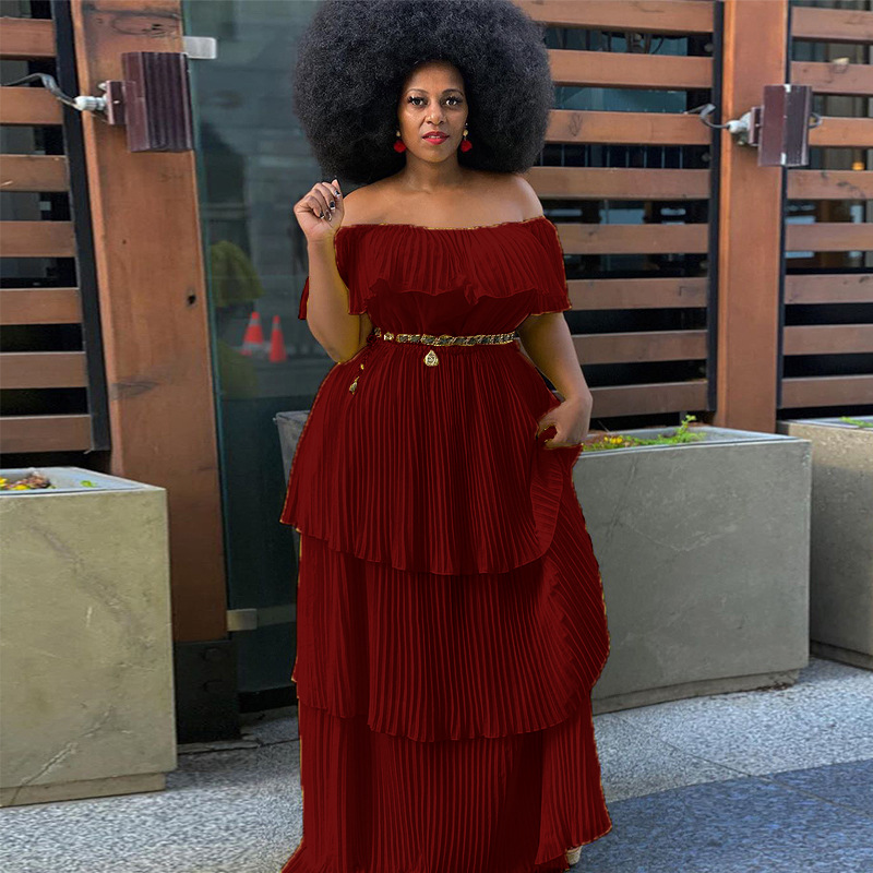 Off shoulder Backless Slim Fit Beach Vacation Pleated Dress Wine - Shop at LoveMi