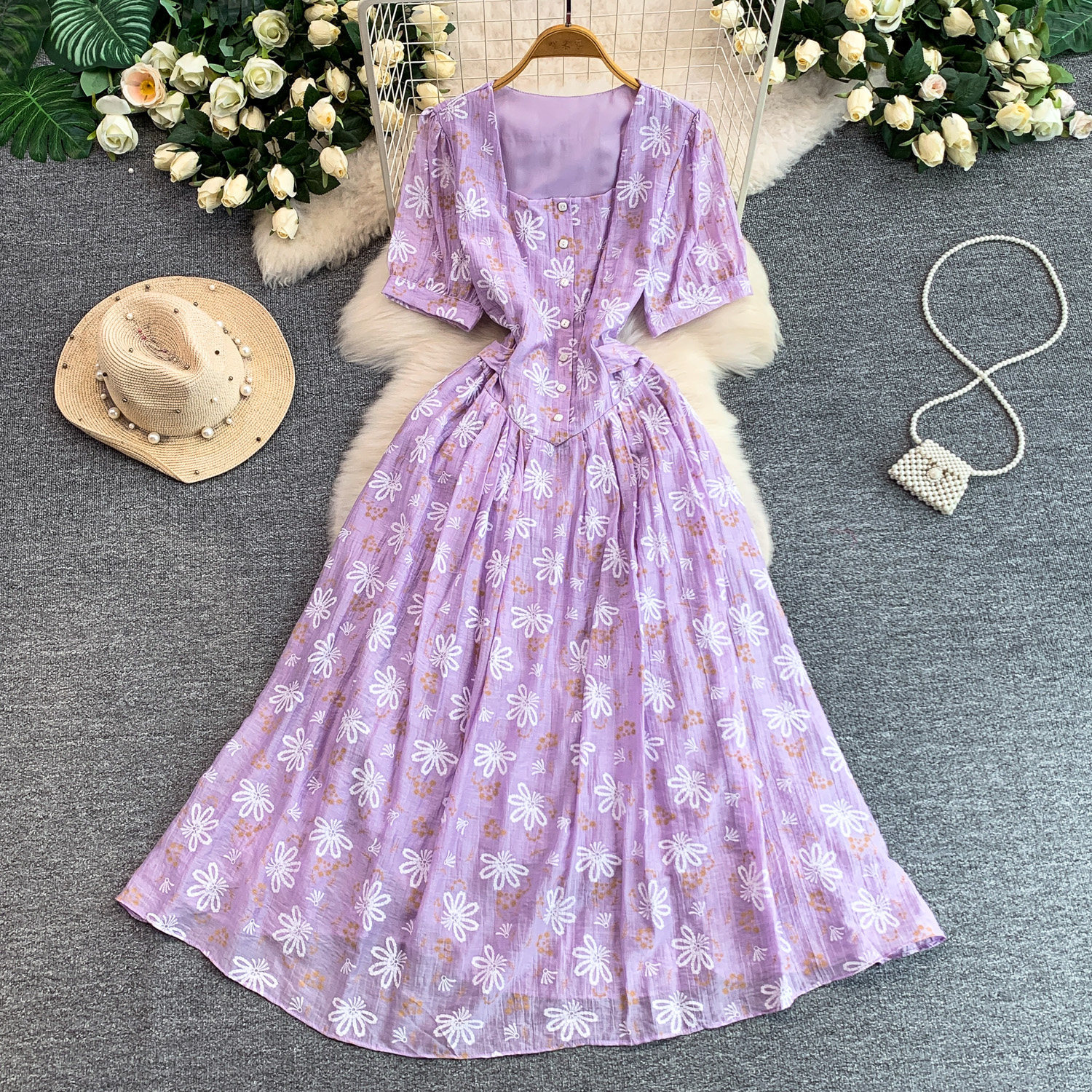 Gentle And Sweet Floral Embroidered Square Neck Dress For Women — image 1