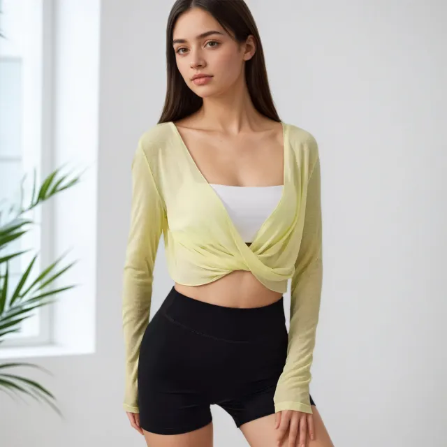 V neck Cross Kinky Yoga Clothes Blouse Breathable Outer Long sleeves Tender Yellow - Shop at LoveMi