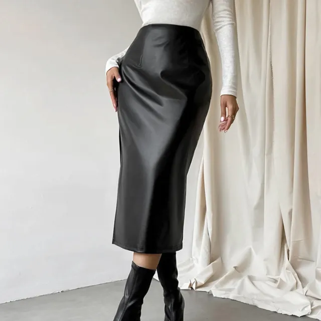 Commuter French Sheath PU Leather Skirt Autumn And Winter Black Slit Straight Skirt Black - Shop at LoveMi