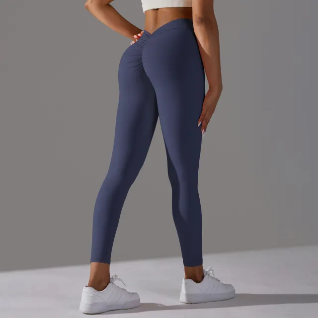 Brushed V Waist Pleated Solid Color Yoga Pants 6626 Trousers Dark Blue - Shop at LoveMi