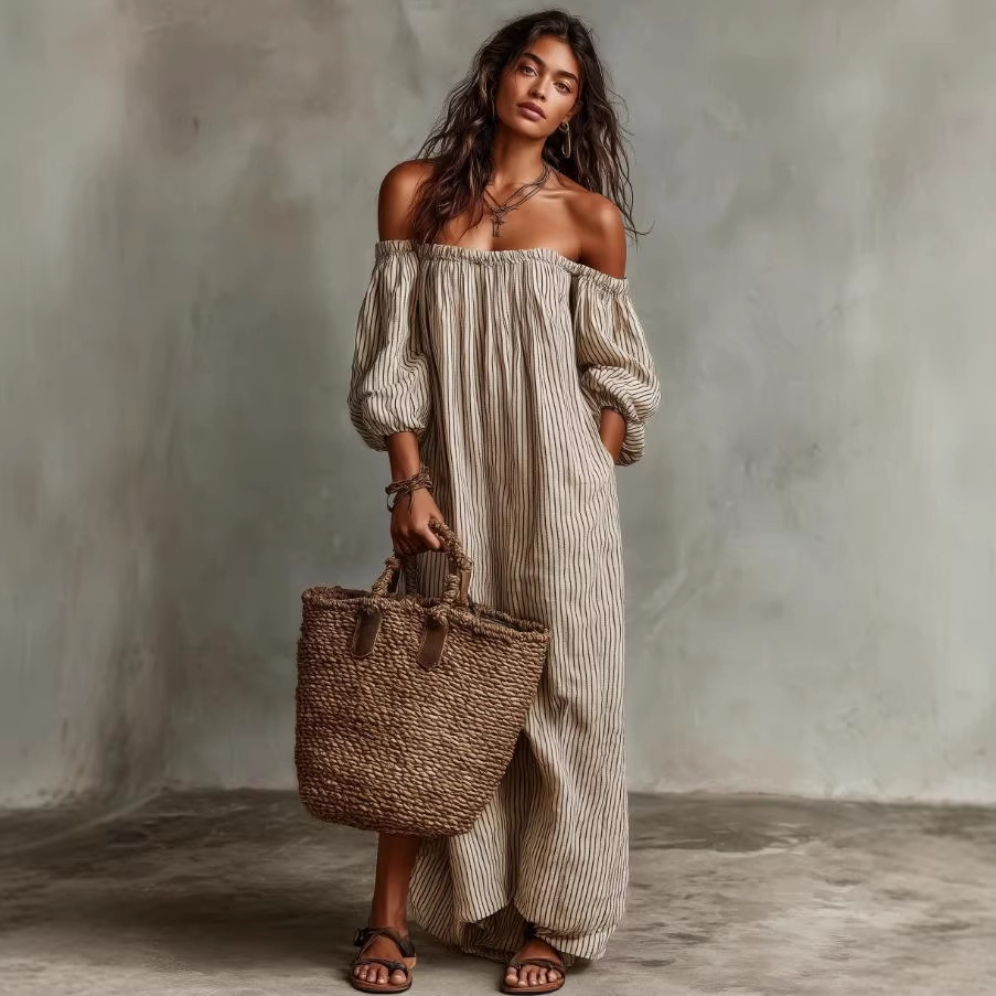 Women's Casual Loose-fit Off-shoulder Striped Dress