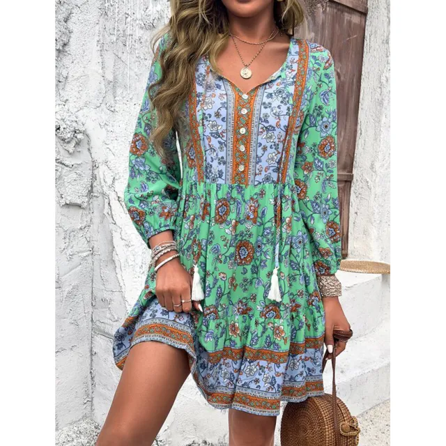 V neck Neck Long Sleeve Printed Tape Belt Skirt Green - Shop at LoveMi