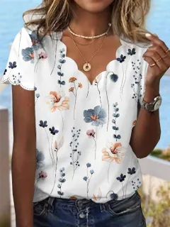 Women's Summer Sexy Shell Collar Floral T-shirt - Floral - View 1