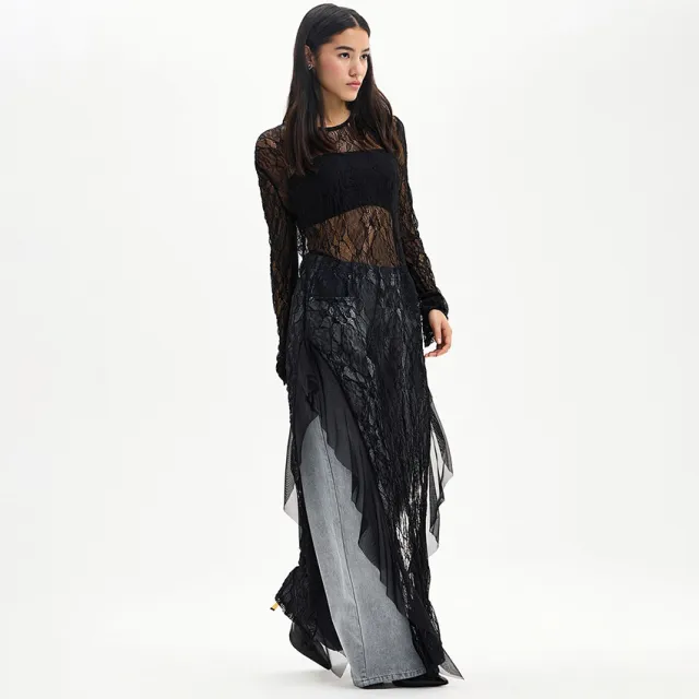 Womens Fashionable Sexy Lace See Through Long Sleeve Dress Black - Shop at LoveMi