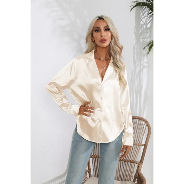 Suit Collar Satin Shirt For Women Champagne Xl - Shop at LoveMi