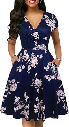 Women's Retro Floral Print Polka-Dot V-Neck Full-Sleeve Casual Dress With Pockets - Pink - View 1