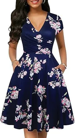 Women's Retro Floral Print Polka Dot V Neck Full Sleeve Casual Dress With Pockets Pink - Shop at LoveMi