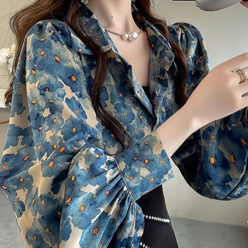 Niche Floral Top Temperament Slimming Lantern Sleeves Shirt - Peacock Blue