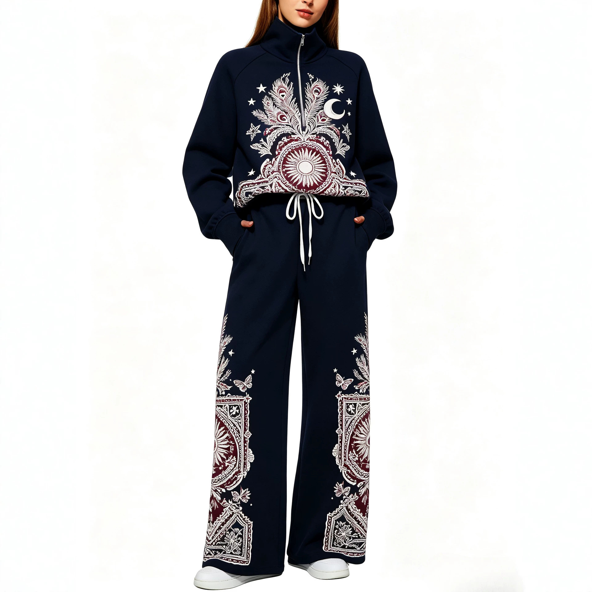 Bohemian-style Printed Half-zip Sweatshirt Elegant For Commuting