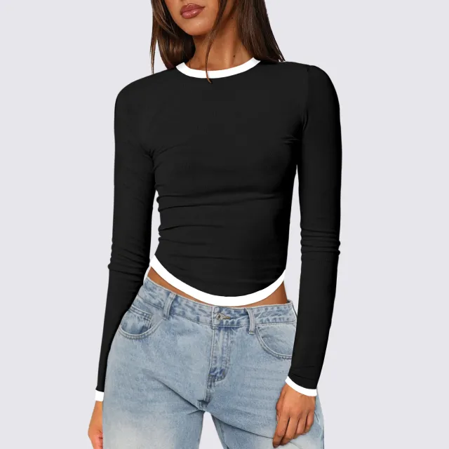 Women's Long sleeved Round Neck Slim fit Contrast Colors Short Pullover Top Black - Shop at LoveMi