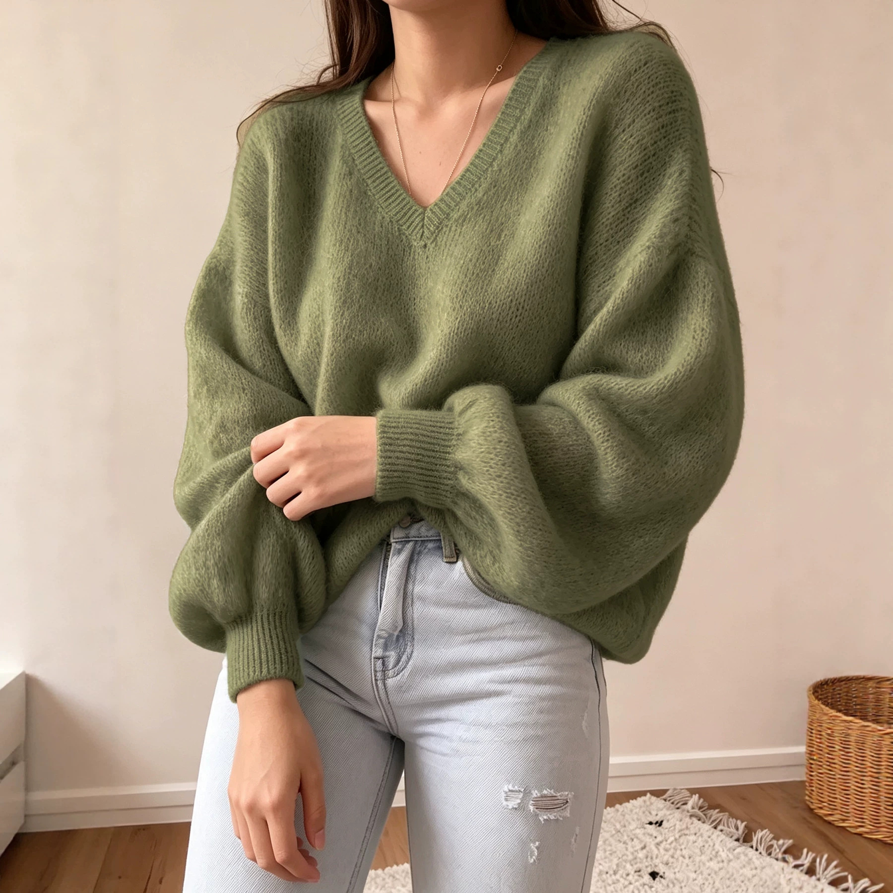 Lantern-sleeve Relaxed Casual-style Knitted Pullover — product photo 4
