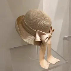 Women's Fashion Simple Large Ribbon Bow Straw Bucket Hat - Beige - View 1