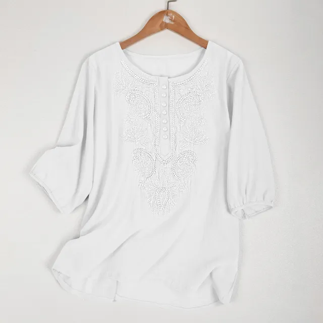 Artistic Retro Loose Design Embroidered Crew Neck Thin Cotton And Linen Women's Top White - Shop at LoveMi