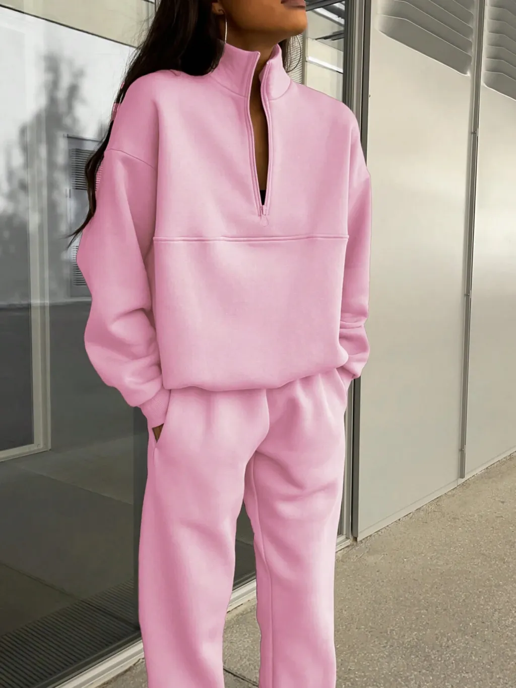 Long-sleeved Sports Sweatshirt Suit Fashion Stand-up Collar Zip-up Top And Elastic Band Trousers With Pocket Srping Fall Clothing For Women - Pink