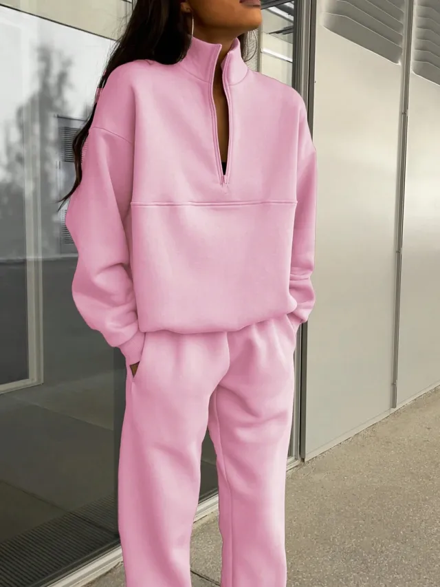 Long sleeved Sports Sweatshirt Suit Fashion Stand up Collar Zip up Top And Elastic Band Trousers With Pocket Srping Fall Clothing For Women Pink - Shop at LoveMi