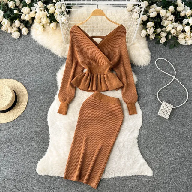 Women's V neck Flounce Short Sweater Skirt Two piece Set Orange - Shop at LoveMi