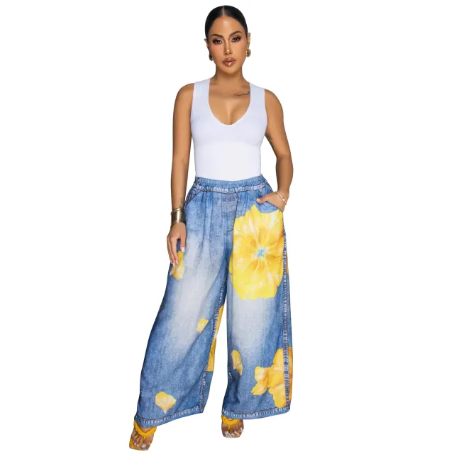 Fashion Loose Casual Printed Women's Wide leg Pants Yellow Flower - Shop at LoveMi