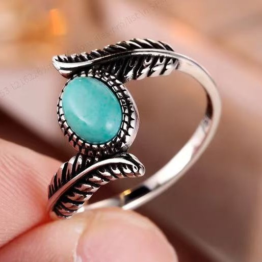 Turquoise-Inlaid Feather Color-Blocked Party Engagement Ring Jewelry Piece