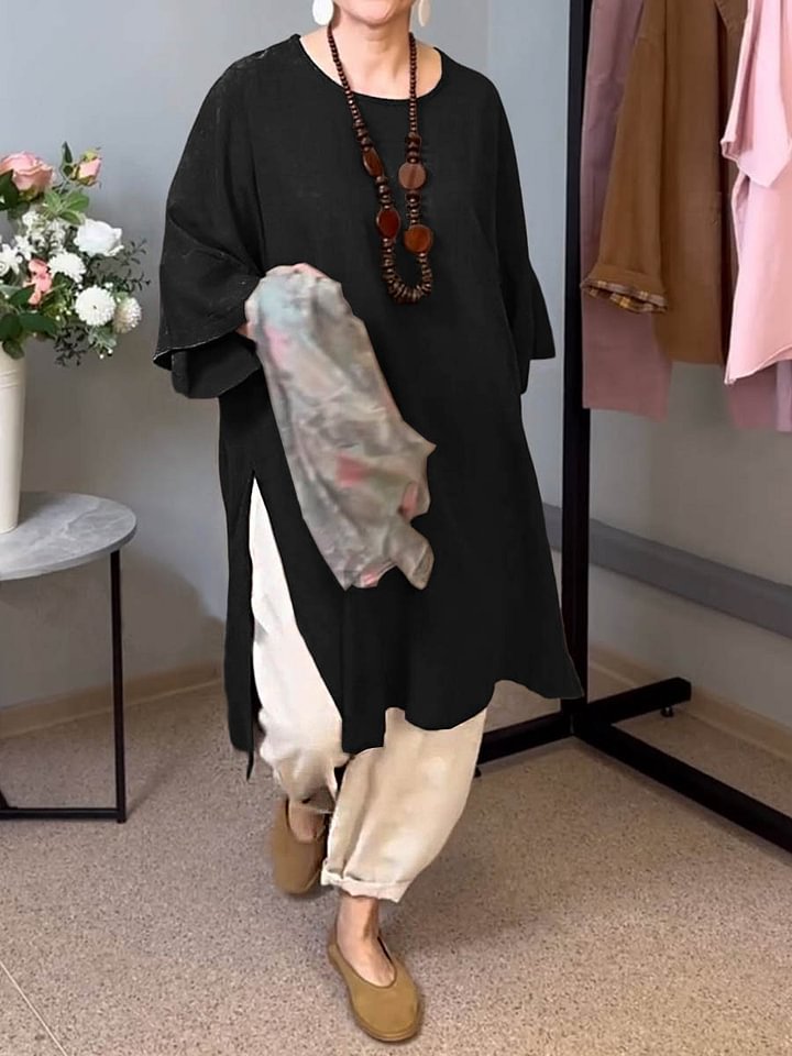 Summer New Solid Color Round Neck 34 Sleeves Casual Linen Split Long Upper Outer Garment