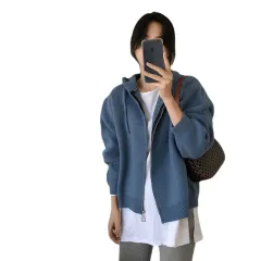 Elegant Hooded Knitted Coat Loose Sweater Short - Blue - View 1