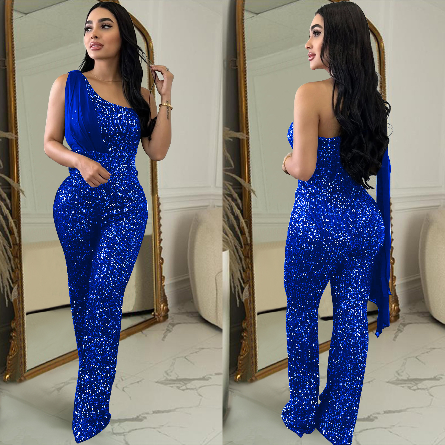 Women's Solid Color Sleeveless One-shoulder Sequined Trousers Jumpsuit - Image 3