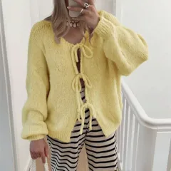 Women's Solid Colour Casual Loose And Simple Lace-up Sweater Coat - Yellow - View 1