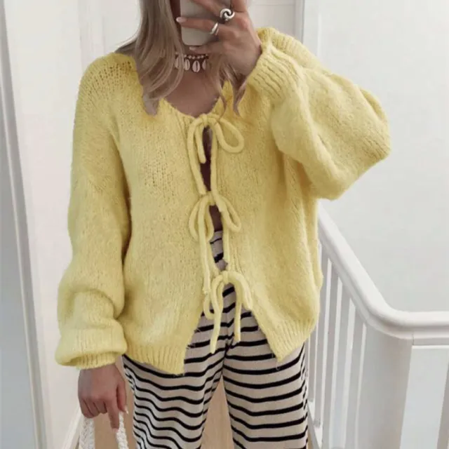 Women's Solid Color Casual Loose And Simple Lace up Sweater Coat Yellow - Shop at LoveMi