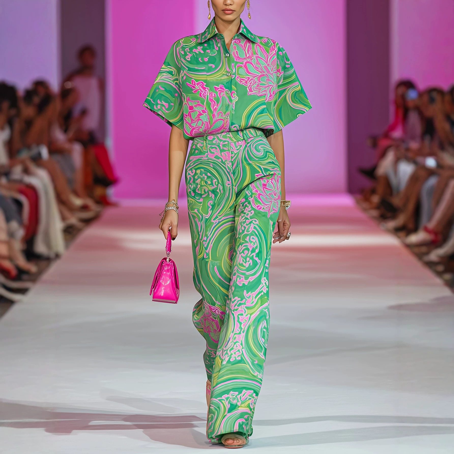 Casual Printed Lapel Short-sleeve Shirt And Straight-leg Trousers Set