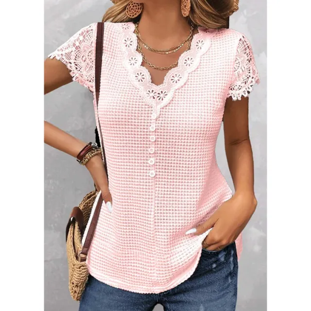 Spring And Summer Solid Color Lace V neck Short sleeved T shirt Pink - Shop at LoveMi