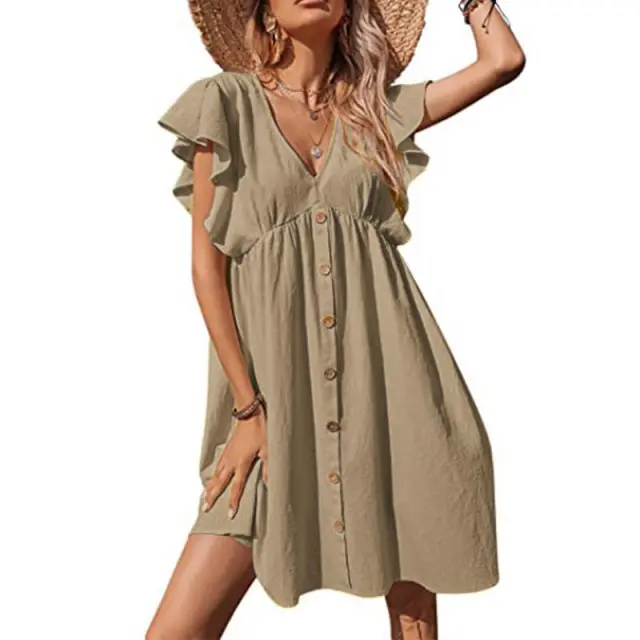 Women's Midi Casual Pleated V neck Button Plus Size Dress Khaki - Shop at LoveMi