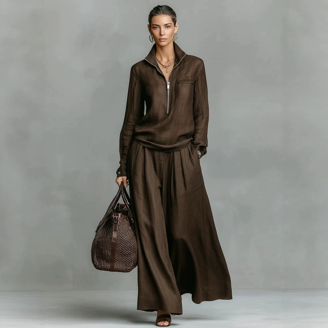Womens Fashionable Casual Wide-Leg Pants Set With Zippers