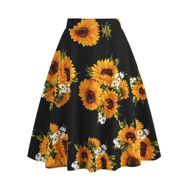 European And American Women's Clothing Vintage Printed Hepburn Floral Skirt Sunflower - Shop at LoveMi