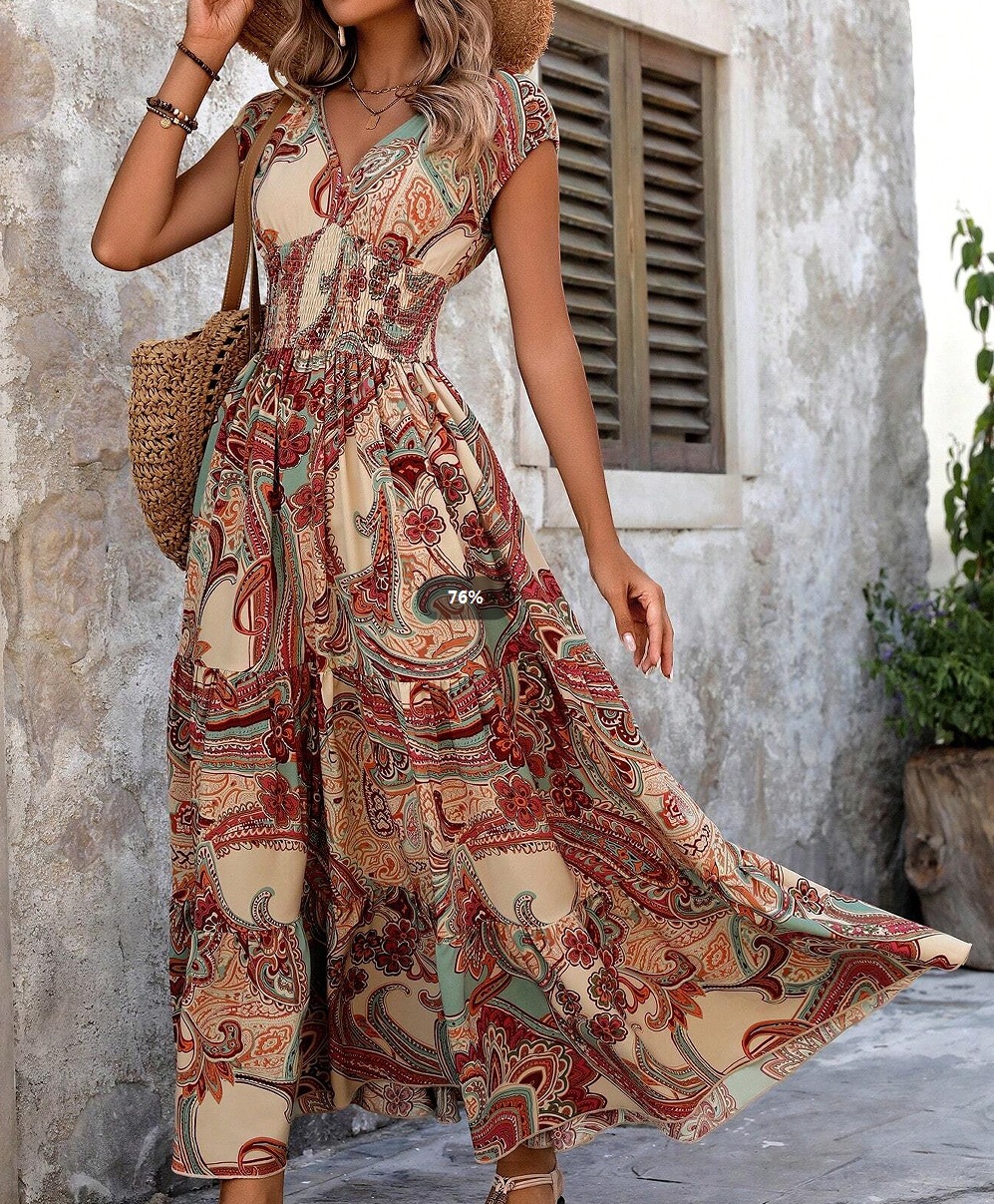 Resort style Printed Dress For Women Summer V neck Maxi Brown - Shop at LoveMi