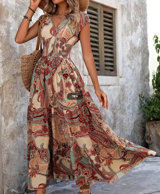 Resort style Printed Dress For Women Summer V neck Maxi Brown - Shop at LoveMi
