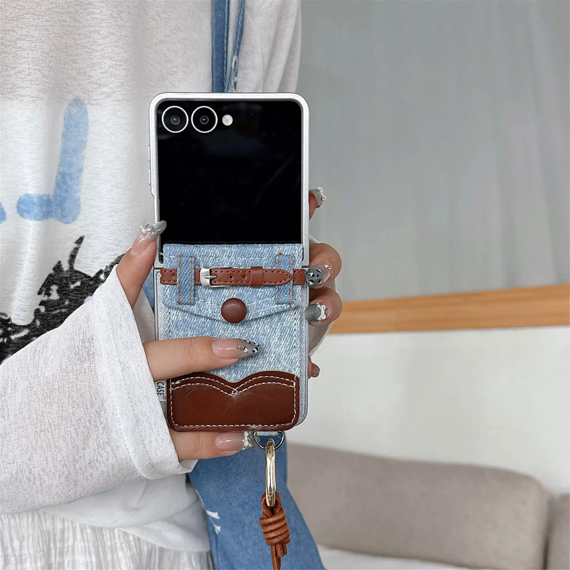 Leather Denim Card Holder Compatible Foldable Phone