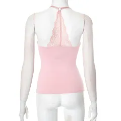 European And American Solid Colour Sexy Lace Off-the-shoulder Strap Top - Pink - View 1
