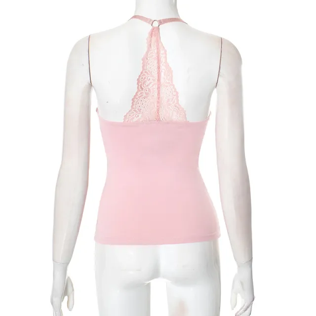 European And American Solid Color Sexy Lace Off the shoulder Strap Top Pink - Shop at LoveMi