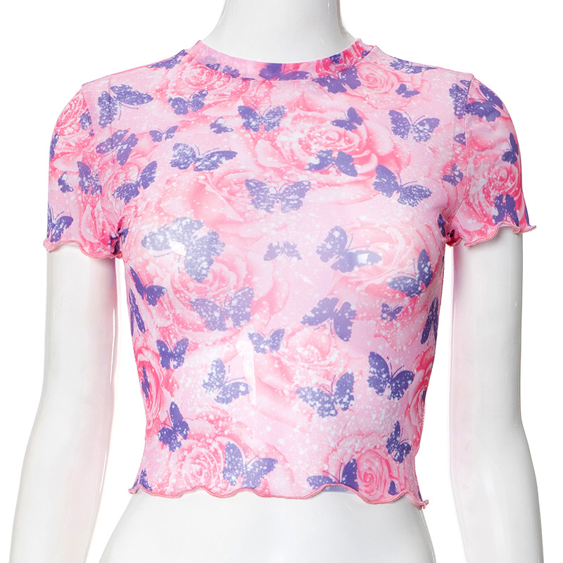 Title 18, Butterfly Print Round Neck Midriff-baring T-shirt