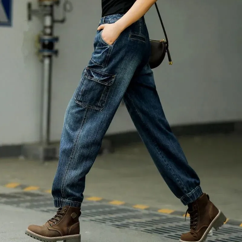 High Waist Work Clothes Jeans Women's Loose - Blue