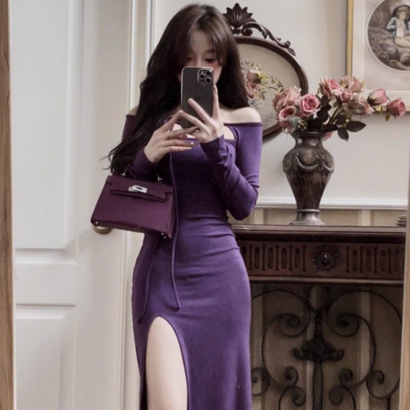 French-style Alluring Slit Slip Dress With Long Sleeves In Purple