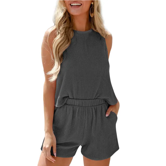 Women's Twist Strip Sleeveless Tank Top Shorts Striped Two piece Suit Gray - Shop at LoveMi