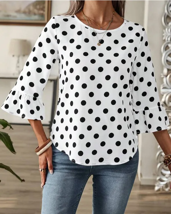 Women's Polka Dot Printed Round Neck Shirt White - Shop at LoveMi
