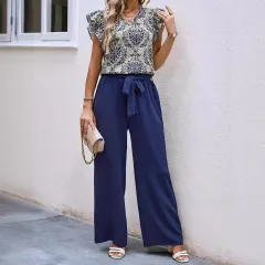 Fashionable Temperament V-neck Floral Top Belt Wide Leg Pants Suit - Navy - View 1