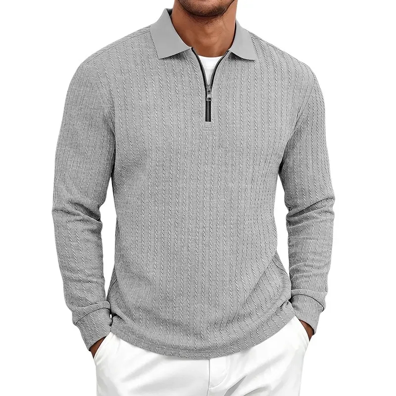 Mens Long-Sleeve Zip-Up Stand-Collar Polo Shirt