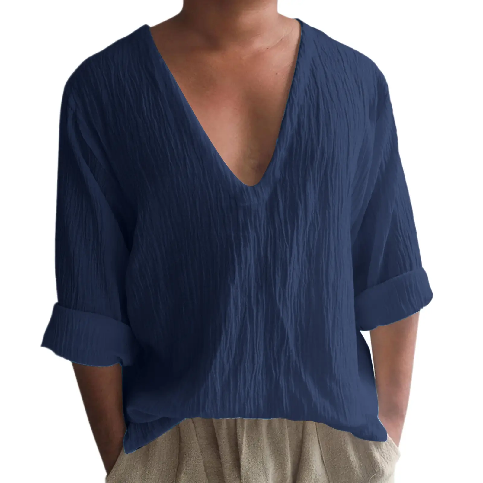 Men's Long Sleeve Solid Color And V-neck Washed Cotton T-shirt