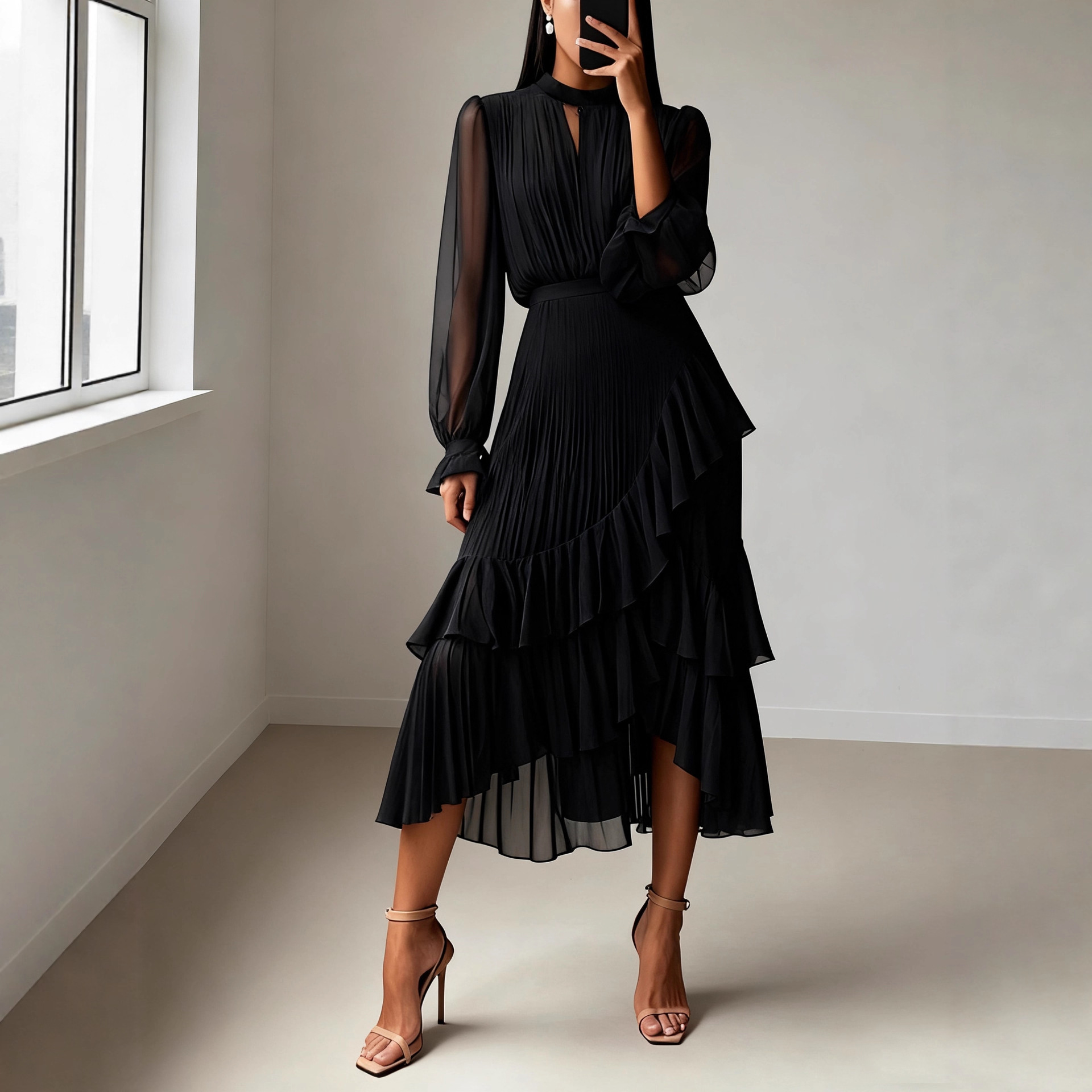 Ruffled Pleated Midi Dress For Women Black - Shop at LoveMi