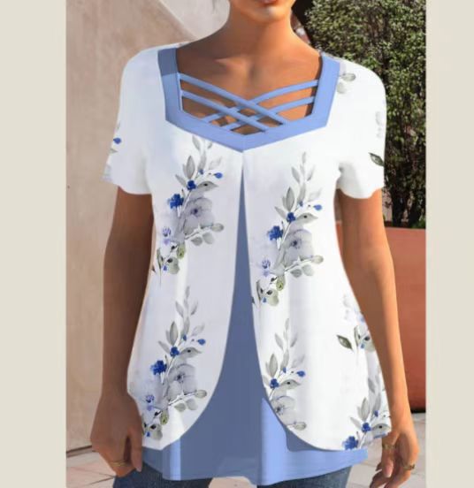 Women's Casual Print And Color shifting Plus Size Short Sleeve Blue Collar Flower - Shop at LoveMi